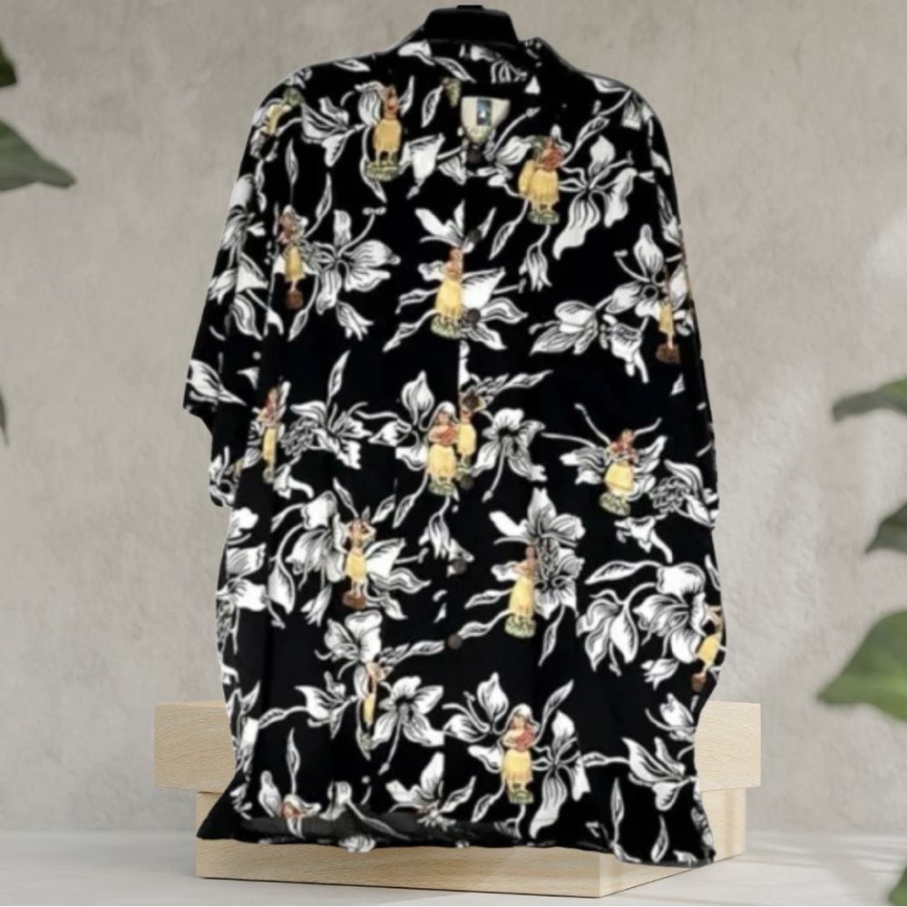 KAHALA Hawaiian Men’s Shirt Hula Girls Orchids Print Large Black Yellow Tropical